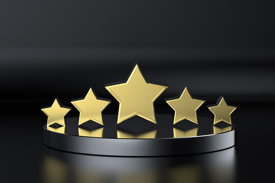 golden five stars on stage with black background