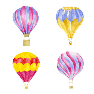 Watercolor-colored air retro balloons. Hand-drawn illustration