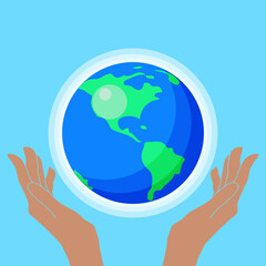 Happy Earth Day! Vector eco illustration for social poster, banner or card on the theme of saving the planet. Hands holding planet earth for environment care.