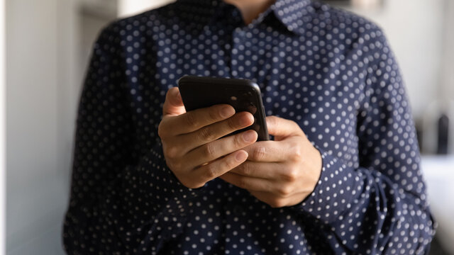 Woman With Cell Making Video Phone Call, Using Online App And Virtual Services, Reading Online Article, Shopping, Chatting On Social Media. Hands Of Smartphone User Holding Digital Device, Close Up