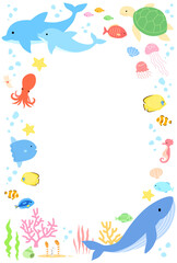 Sea animals vector frame illustration, portrait size.