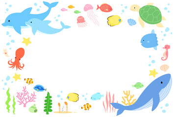 Sea animals vector frame illustration, landscape size.