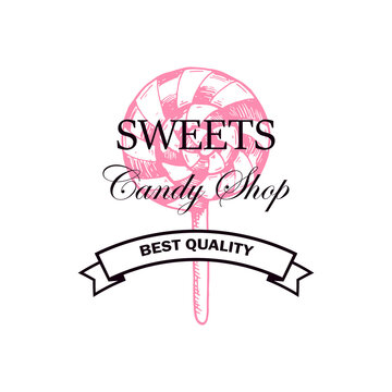 Hand drawn candy shop logo isolated on white. Vector illustration in sketch style