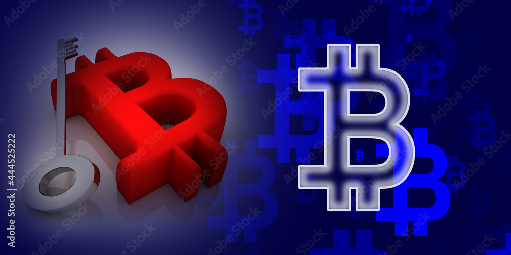 Poster 3d rendering bitcoin sign currency with key