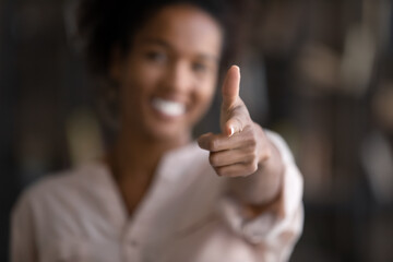 Close up focus on African American woman pointing finger at camera at you, executive team leader choose candidate, hiring process, new career opportunity, recruitment and employment concept