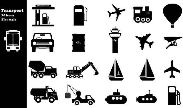 Transport routier, aérien et maritime en 20 icônes, collection