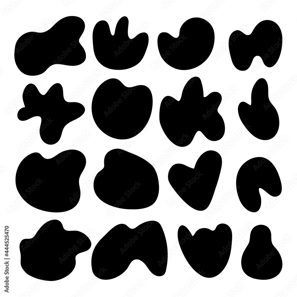 Poster random organic round spot blob pebble shape set. collection of abstract irregular stains shape in bl