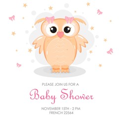 Cute owl with bow. Baby shower invitation.