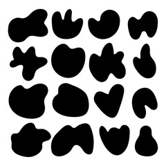 Fototapeta premium Random organic round spot blob pebble shape set. Collection of abstract irregular stains shape in black ink vector illustration isolated on white background. Black doodle blot