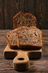 Closeup view of biscuit cake with walnut