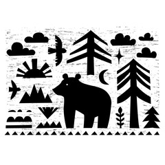 Bear silhouette. Flat vector illustration. Cutout Christmas trees. Scandinavian style. Scratched grunge background.