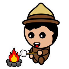cartoon vector cute boy character who loves to camp roasting marshmallows
