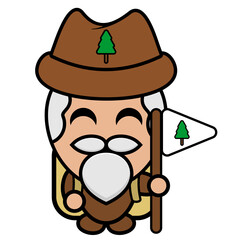 cartoon vector cute old man character who likes camping holding flag