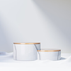 3D rendering background. White marble gold cylinder stage podium on white cloth floor.