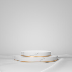 3D rendering background. Two layer white marble gold cylinder stage podium on white cloth floor.