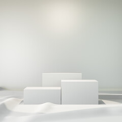 3D rendering background. Three white box stage podium on white cloth floor.