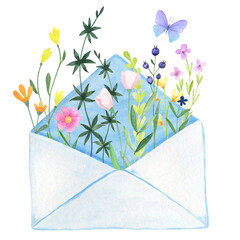 Watercolor envelope with wildflowers and butterfly
