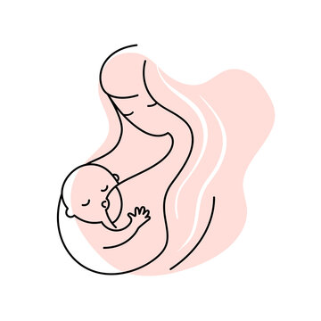 The mother is breastfeeding the baby. A linear drawing. World Breastfeeding Week. Vector isolated on a white background.