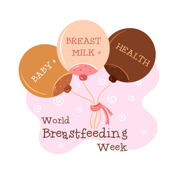 Balloons in the form of female breasts, different skin tones. The concept for the natural feeding of the child, by women all over the world. World Breastfeeding Week. Vector isolated.
