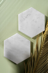 Marble plate and tropical leaf with copy space.  Stylish green background for presentation.