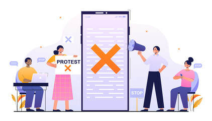 Young male and female characters are participating in social movement. Concept of mass protest, online activism, political rights, social media and discrimination. Flat cartoon vector illustration