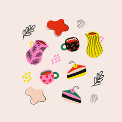 Tea set with mugs, teapots and cake. Vector hand drawn color flat illustration