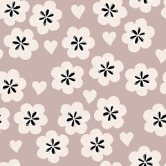 Seamless background with simple  floral pattern.  pink flowers on a White background. Floral background in flat style for printing on fabric, wallpaper, paper, curtains, tablecloths. Vector 