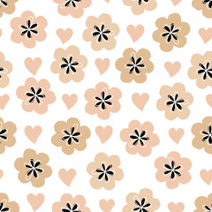 Fototapeta premium Seamless background with childish floral pattern. White flowers and hearts on a gray background. Floral baby flat style for printing on fabric, wallpaper, paper, curtains, tablecloths. 