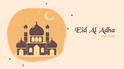 Eid Al Adha Mubarak banner template design with orange cartoon mosque design