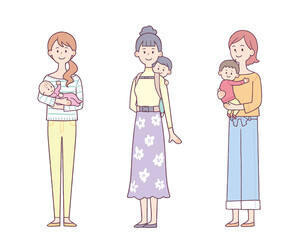 赤ちゃんを抱っこ・おんぶする女性　全身　セット