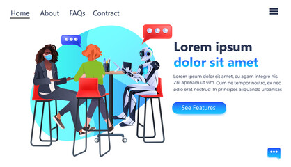 mix race businesswomen in masks and robot discussing during meeting artificial intelligence teamwork chat bubble