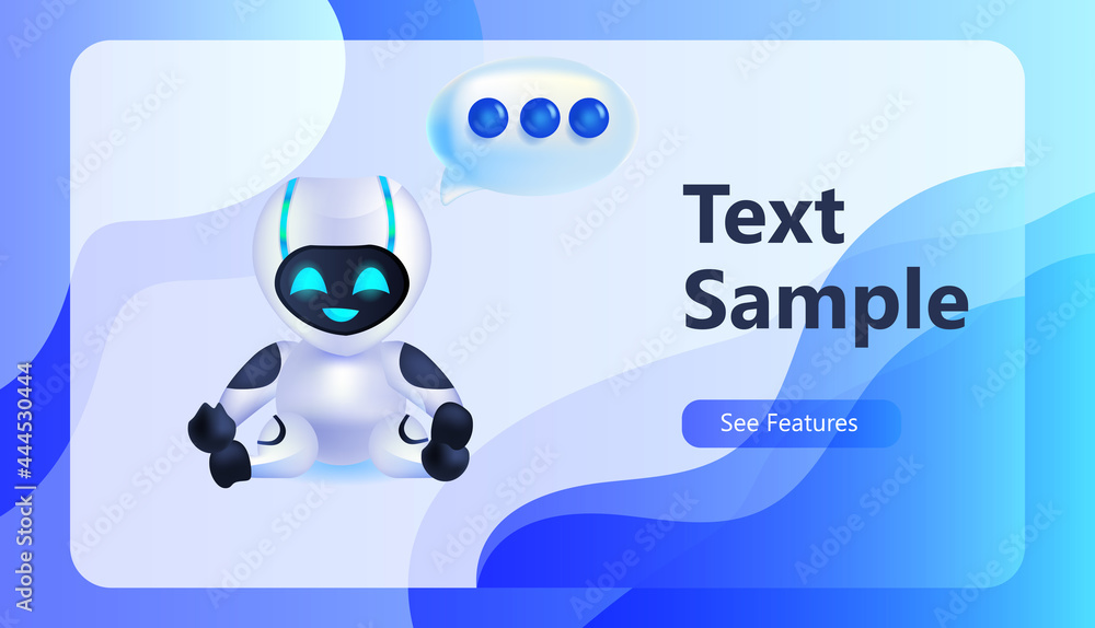 Poster cute robot cyborg chat bubble communication chatbot customer service artificial intelligence technol