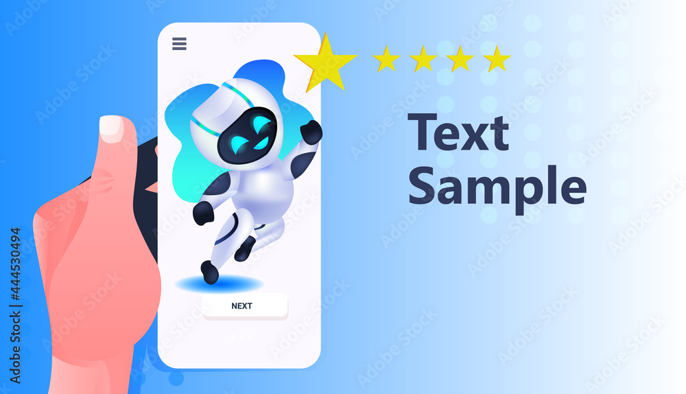 Poster robotic character leaving review five stars rating on smartphone screen feedback artificial intellig