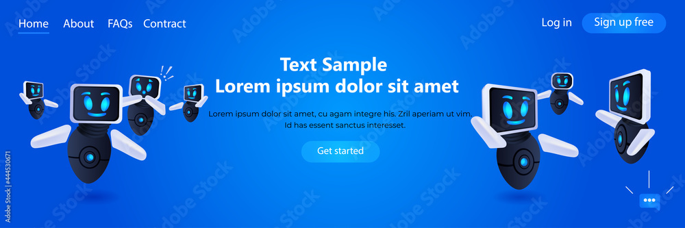 Poster modern robots team help support service faq problem online communication artificial intelligence tec