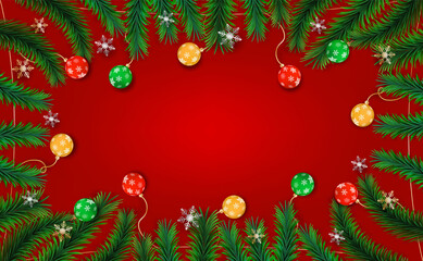 Merry Christmas and Happy new year with Christmas balls and tree on red background color place for text of vector illustration.