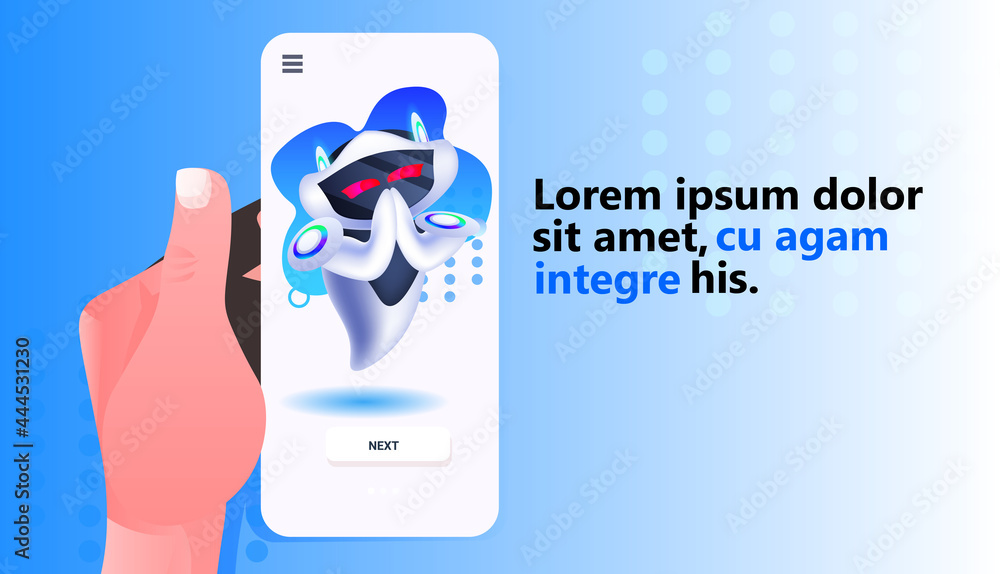Poster cute robot cyborg on smartphone screen modern robotic character artificial intelligence technology c