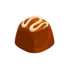 Candy chocolate, sweet dessert cake food, truffle with caramel, vector isolated icon. Milk or dark bitter chocolate candy comfit form candy box, confectionery dessert