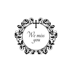Funeral flowers memory frame, sympathy and mourning, floral wreath, vector. Obituary card and funeral RIP memorial condolences, black cross and flowers wreath for mortuary plaque or remembrance plate
