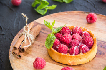 A healthy breakfast of cheese pancakes, berries, and honey. Creative atmospheric decoration