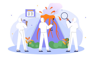 Male and female characters are studying volcano eruption together. Scientists standing at volcano cross section erupting lava and gas into atmosphere with clipboards. Flat cartoon vector illustratuion