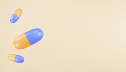3d background rendering, blue and orange medicine pill illustration, for web page, pharmacy and health theme, presentation or product picture and background
