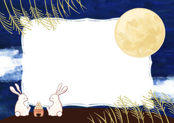 手書きのお月見イラスト　水彩　十五夜　満月　ウサギ　団子　背景素材
