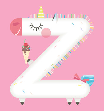 Initiale lettre Z pr&eacute;nom enfant licorne illustration mignon alphabet d&eacute;coration affiche glace multicolore