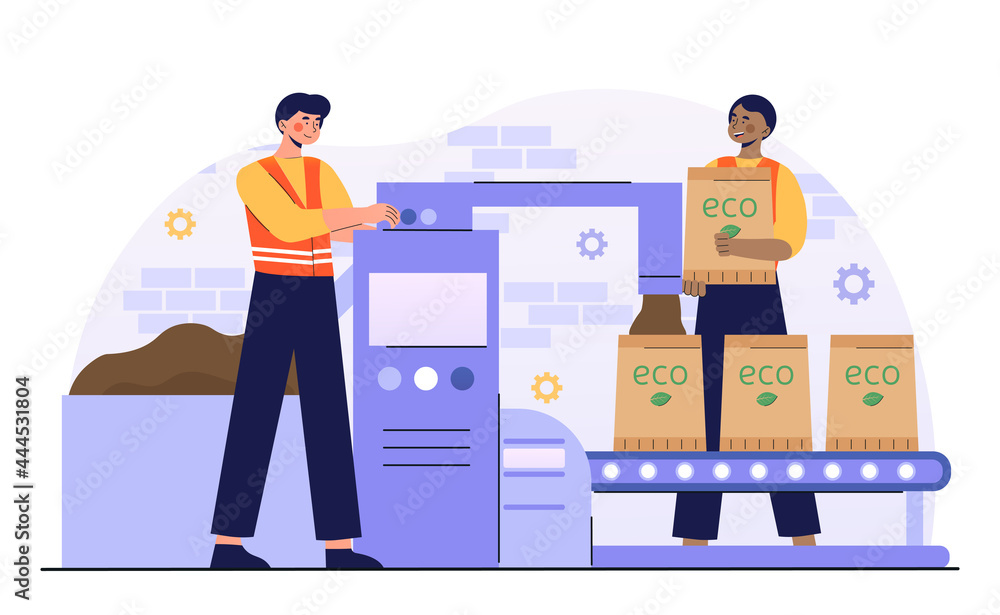 Poster two smiling male characters are working in waste processing factory together. men working on packagi