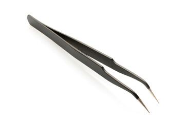 Black fine tip curved tweezer on white background