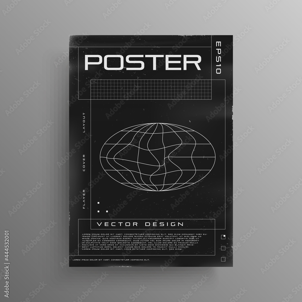 Poster retrofuturistic poster design with trendy cyber elements. retro cyberpunk poster with wireframe liqu