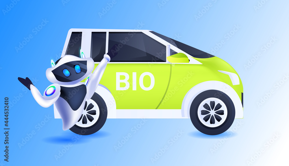 Aufkleber environmentally friendly robot with eco car modern robotic character artificial intelligence technol