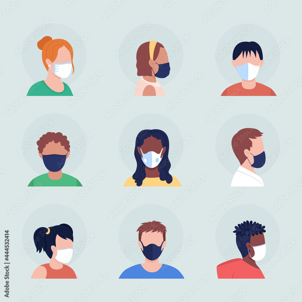 Poster face covering semi flat color vector character avatar with mask set. portrait with respirator from f
