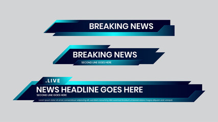 Lower third vector blue design template. Set of TV banners and bars for news and sport channels, streaming and broadcasting. Collection of lower third for video editing on transparent background.