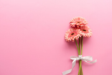 Pink gerbera daisies bouquet on a pink background